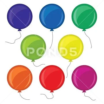 Set of eight colorful balloons with a string isolated on white