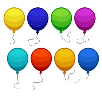 Set of eight colorful balloons with a string isolated on white background Stock Illustration