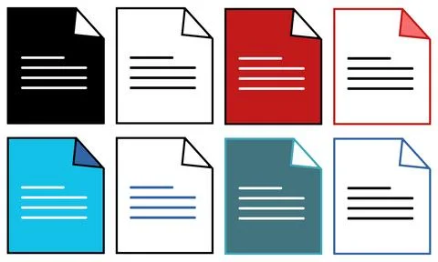Set of eight colorful document icons with curled corners and text lines Stock Illustration