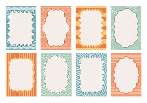 A set of eight colorful whimsical frames and borders with playful wavy edge.. Stock Illustration