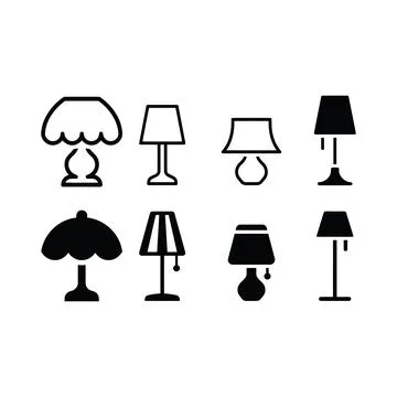 Set of eight different table lamp in black silhouette and outline style iso.. Stock Illustration