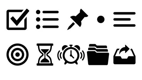 Set of eight flat black vector icons representing business and management f.. Stock Illustration