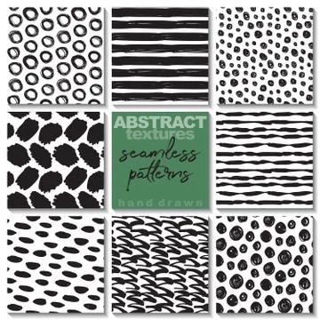 Set of eight hand drawn ink seamless patterns. Stock Illustration