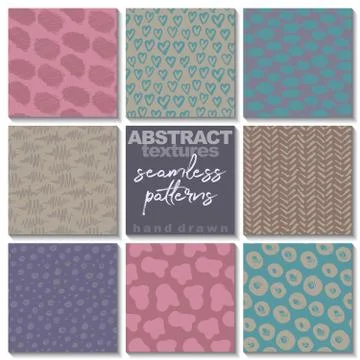 Set of eight hand drawn ink seamless patterns. Stock Illustration