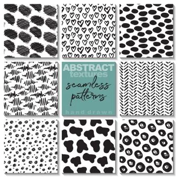 Set of eight hand drawn ink seamless patterns. Stock Illustration