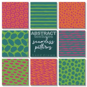 Set of eight hand drawn ink seamless patterns. Stock Illustration