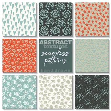 Set of eight hand drawn ink seamless patterns. Stock Illustration