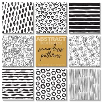 Set of eight hand drawn ink seamless patterns. Stock Illustration