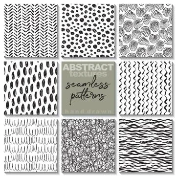 Set of eight hand drawn ink seamless patterns. Stock Illustration