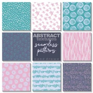 Set of eight hand drawn ink seamless patterns. Stock Illustration