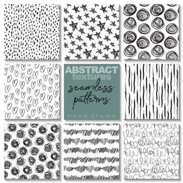 Set of eight hand drawn ink seamless patterns. Illustrazione stock