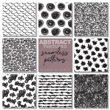 Set of eight hand drawn ink seamless patterns. Stock Illustration