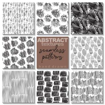 Set of eight hand drawn ink seamless patterns. Stock Illustration