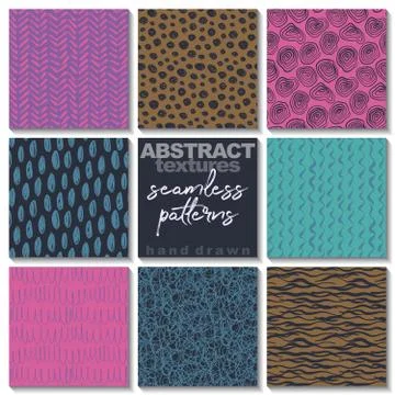 Set of eight hand drawn ink seamless patterns. Illustrazione stock