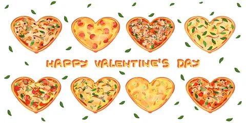 Set of eight heart pizzas with different ingredients isolated on white backgr Stock Illustration