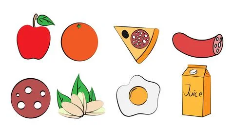 A set of eight icons of items of delicious food and snacks for a cafe bar res Stock Illustration