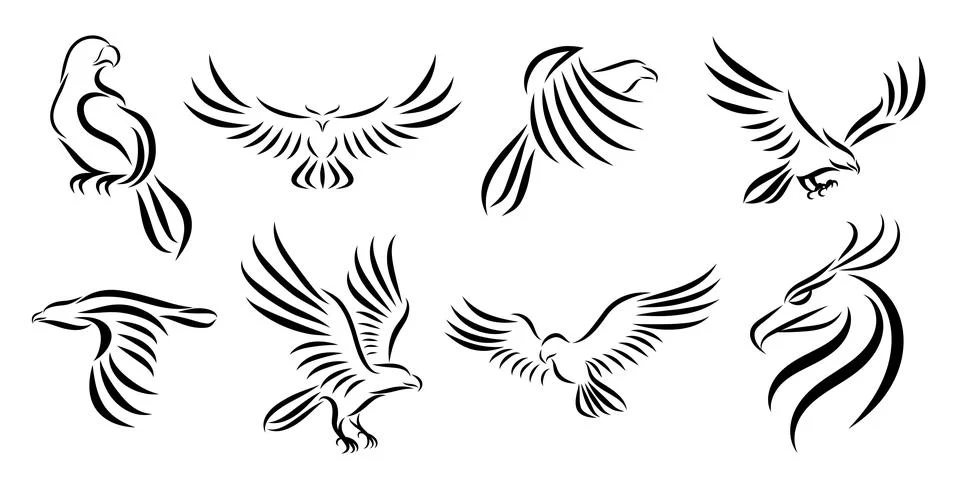 Set of eight line art vector logo of eagle. Stock Illustration