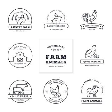 Set of eight modern linear style logos with farm animals with space for text or Stock Illustration