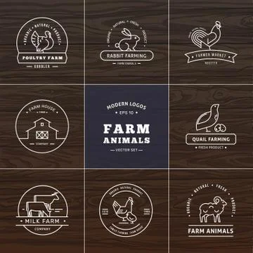 Set of eight modern linear style logos with farm animals with space for text or Stock Illustration