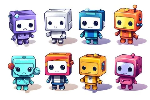 A set of eight multi-colored robots on a white background. Children's robo ba Stock Illustration