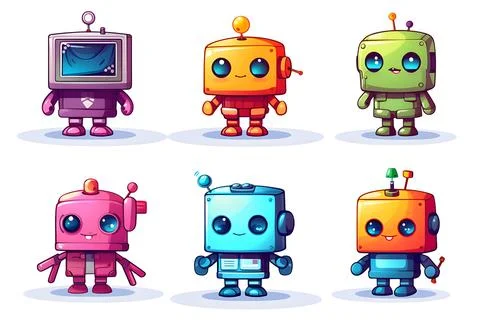 A set of eight multi-colored robots on a white background. Children's robo ba Stock Photos