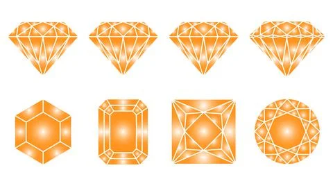 Set of eight orange gemstone vector illustrations with diverse facet cuts Stock Illustration
