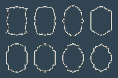 Set of eight ornamental frames with beige outlines on dark blue background 库存插图