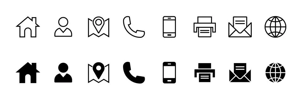 Set of eight outline and solid icons for contact information vector Stock Illustration