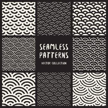 Set of Eight Seamless Black and White Hand Drawn Rounded Lines Geometric Stock Illustration