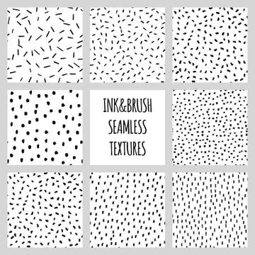 Set of eight seamless black and white vector free hand doodle textures, dry 库存插图