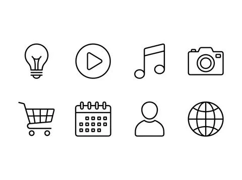 Set of eight simple outline icons including a light bulb, play button, musi.. Ilustración de archivo