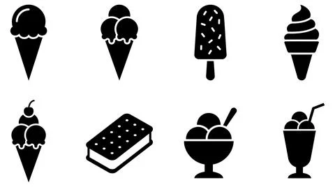 Set of eight solid black ice cream and frozen dessert vector icons Stock Illustration