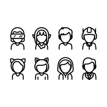 Set of eight stylized line art icons depicting various people with unique h.. Stock Illustration