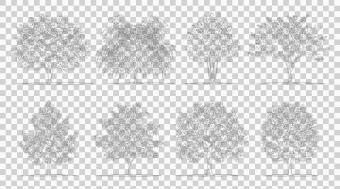 Set of eight tree silhouettes isolated on transparent background Иллюстрация