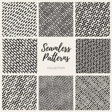 Set of Eight Vector Seamless Hand Drawn Lines Patterns Collection 库存插图