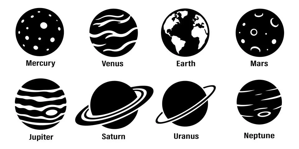 Set of eight vector solar system planet icons including Mercury, Venus, Ear.. Ilustración de archivo