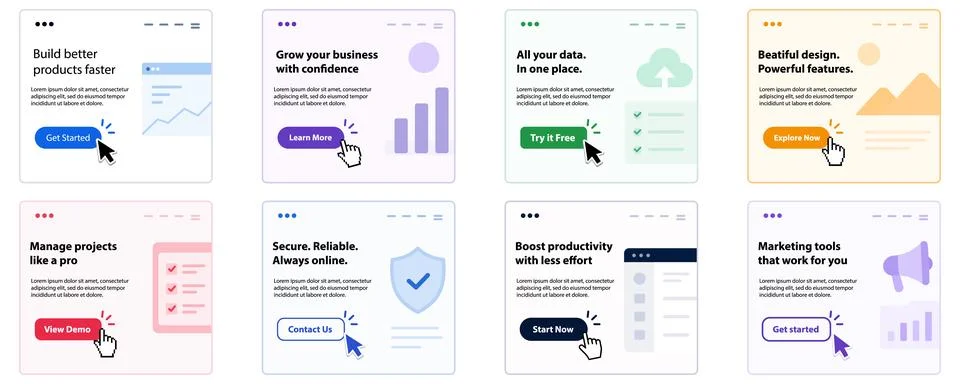 Set of eight vector website landing page templates and UI promotional banne.. Stockillustratie