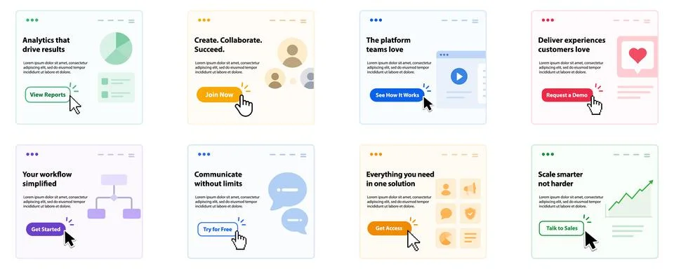 Set of eight vector website landing page templates and UI promotional banne.. Illustrazione stock