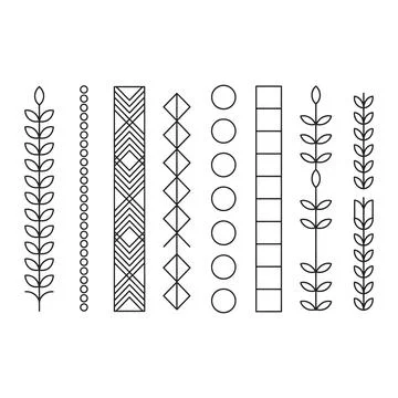 Set of eight vertical decorative border dividers with geometric patterns an.. Stock Illustration