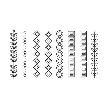 Set of eight vertical decorative border with geometric and floral patterns .. Stock Illustration