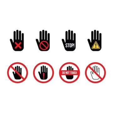 Set of eight warning and prohibition signs featuring hand symbols, stop sig.. Stock Illustration