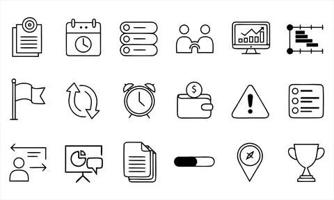 Set of eighteen black and white business and management outline Stock Illustration