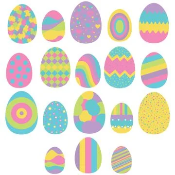 Set of eighteen easter eggs isolated on white Illustrazione stock