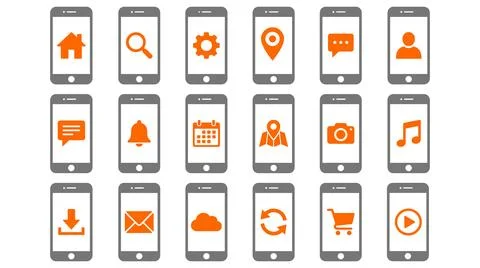 Set of eighteen mobile phone interface icons with eighteen stylized smartphone Stock Illustration