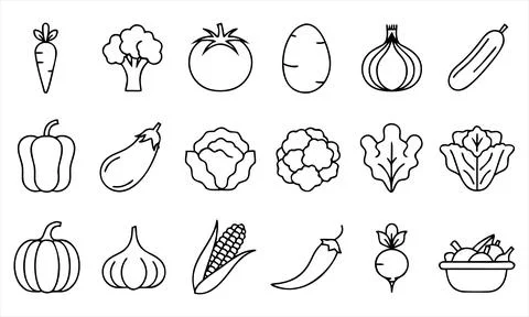 Set of eighteen vegetable line black outlines on white background Stock Illustration