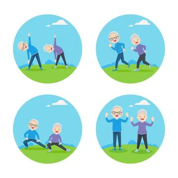 Set of Elderly couple doing exercises 1 Stock Illustration