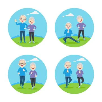 Set of Elderly couple doing exercises 3 Stock Illustration