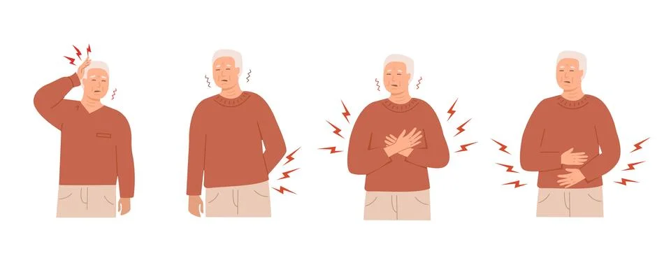Set of elderly men experiencing different types of pain and discomfort with Stock Illustration