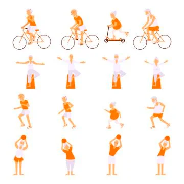 Set Elderly people doing exercises Stock Illustration
