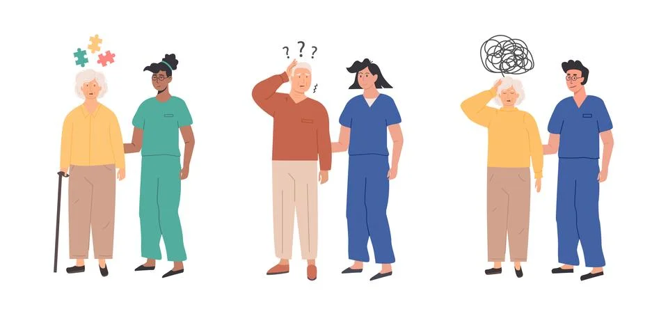 Set of elderly people experiencing cognitive challenges, confusion, and support Stock Illustration